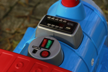 Electric ride on train SX1919 for 2 children, removable 12V battery, 90W, soft wheels, music player, blue [6]