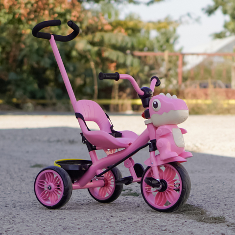 3-in-1 Dino Tricycle with Parent Handle for Kids Aged 1-4 Years, EVA Wheels, Pedals, Safety Belt, Storage Compartment, pink [1]