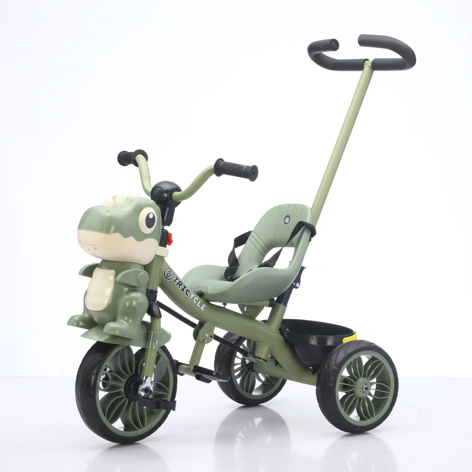 Vehicule speciale copii - Tricicleta cu maner Dino 3 in 1 copii 1-4 ani, roti EVA, pedale, centura, compartiment depozitare, verde