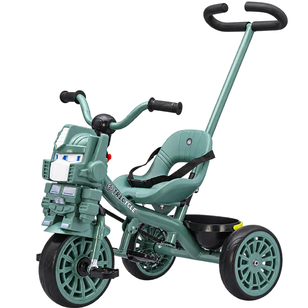 Trotinete & Biciclete Electrice - Tricicleta cu maner PRO601 3 in 1 pentru copii, roti EVA, pedale, centura, compartiment depozitare, verde