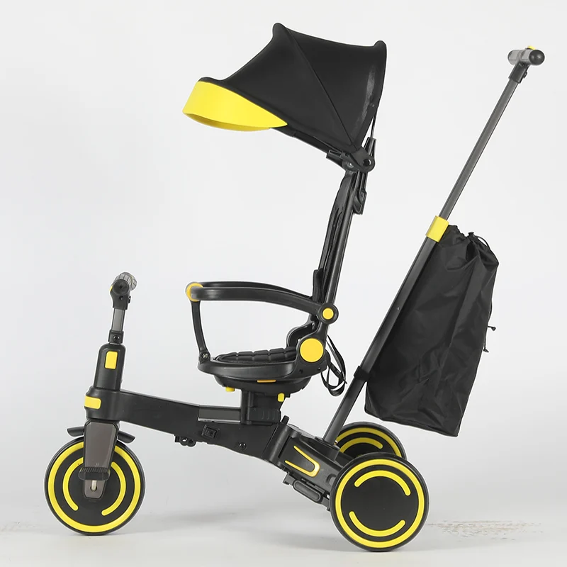 4-in-1 Multifunctional Tricycle for Toddlers, Ages 1–3, Foldable & Adjustable, Soft Wheels, Safety Belt, Detachable Push Handle, yellow [1]