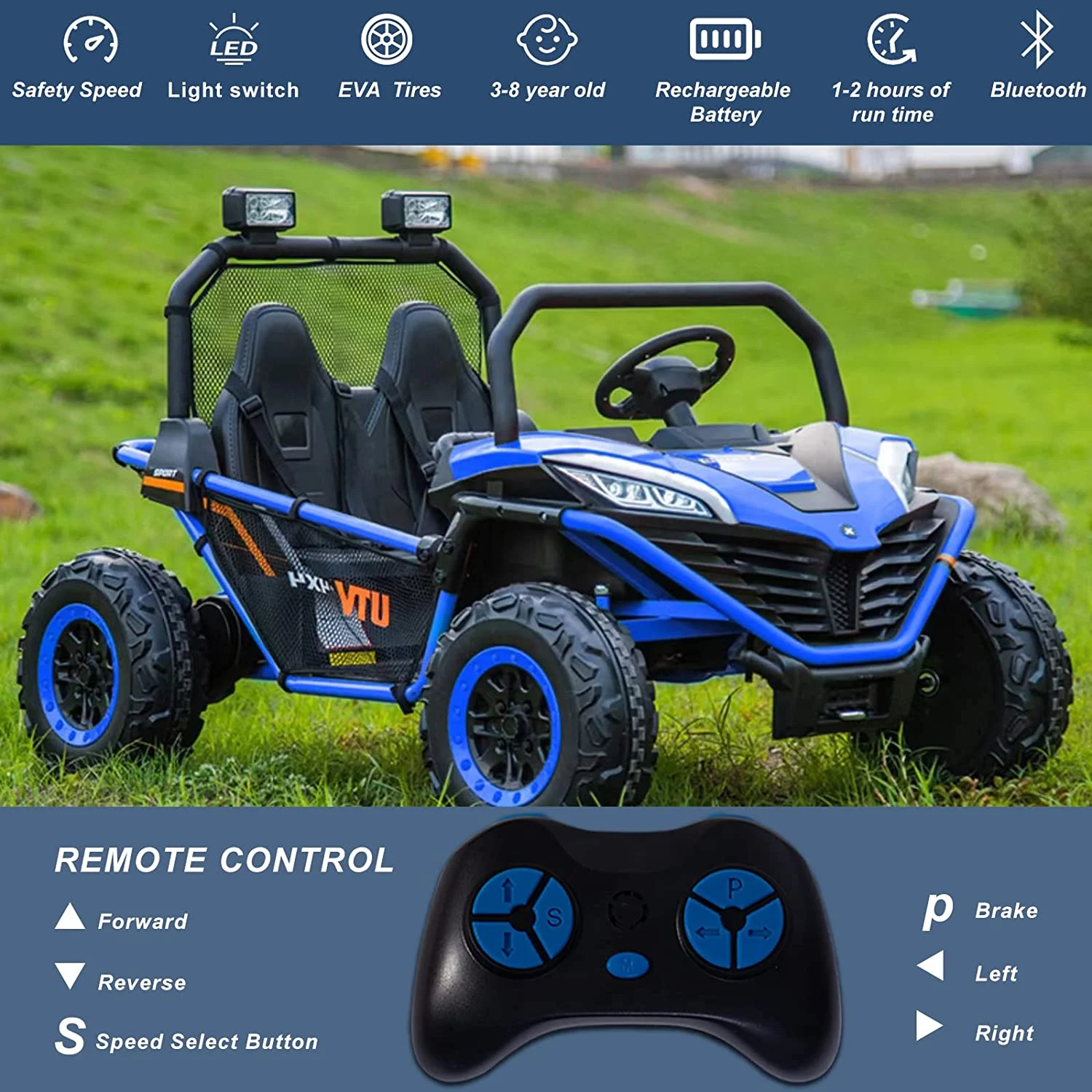 Electric Ride-on UTV with 2 seats, model Dune-Buggy, 400W, 24V, premium, blue [1]