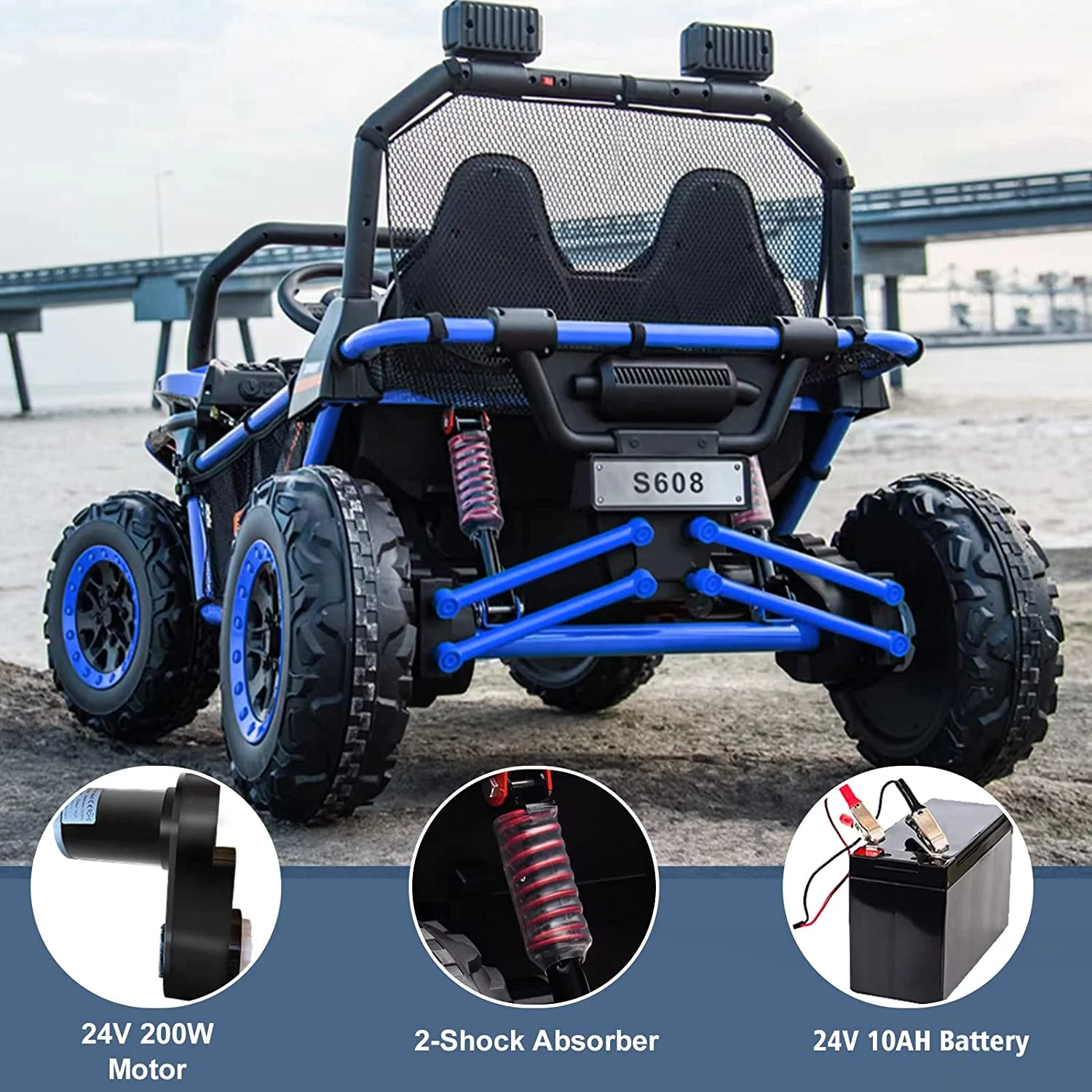 UTV electric pentru copii Dune-Buggy, 2 locuri, 300W, 24V, roti MOI, albastru [19]