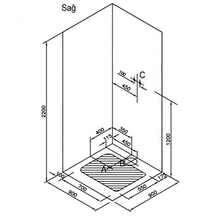 90x90cm, flat wall, dreapta - negru profile | 56930021000 [2]