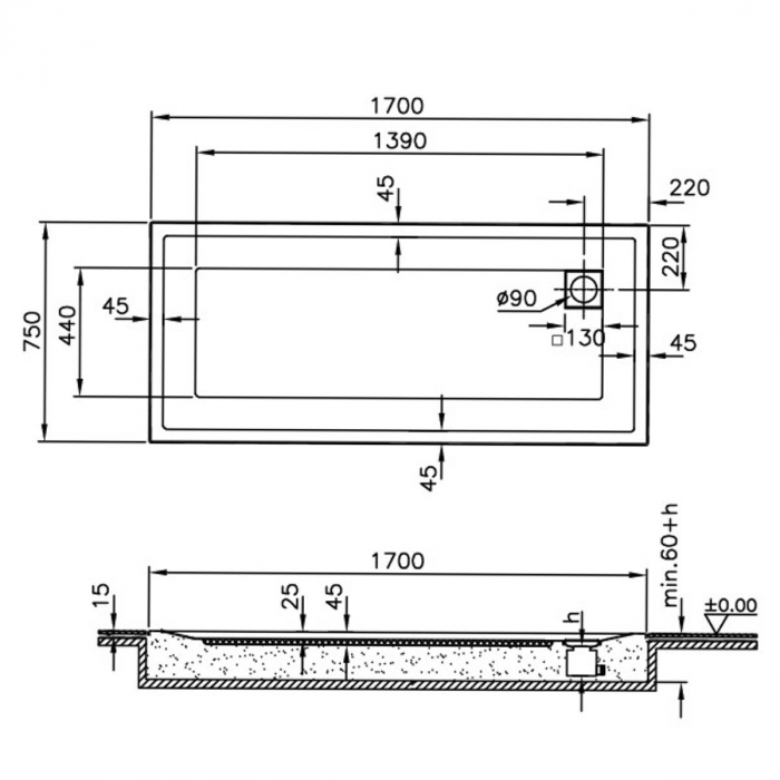170x75cm, rectangulara zero surface | 57550001000 [2]