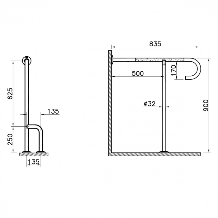 Bara de sprijin fixa cu picior de sustinere 90 cm din inox cu finisaj cromat pentru persoane cu dizabilitati | A44469 [2]