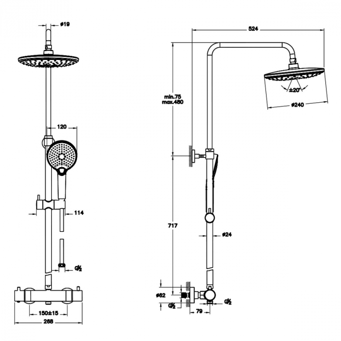 Coloana de dus cupru mat Bliss cu cap rotund 240mm cu mixer termostatic | A4720529EXP [2]