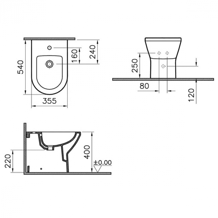 Bideu lipit de perete 54cm cu orificiu pentru baterie, fara orificii laterale, alb mat | 7039B001-0288 [2]