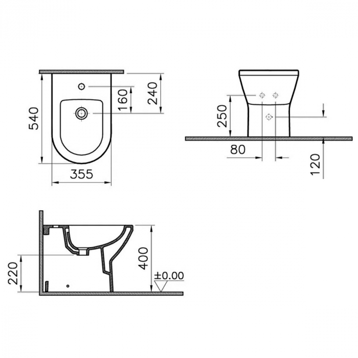 Bideu lipit de perete 54cm cu orificiu pentru baterie, fara orificii laterale, negru mat | 7039B083-0288 [2]