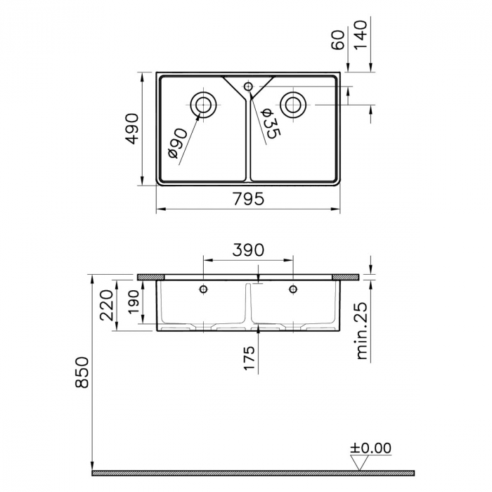 Chiuveta bucatarie dubla cu doua cuve 80cm, cu orificiul pentru baterie si preaplin | 5774B003-0001 [2]