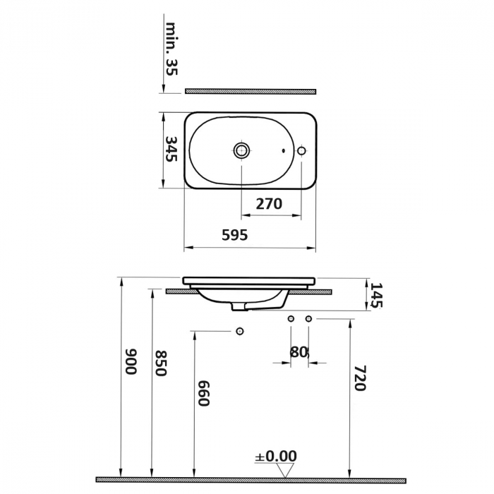 Compact basin, 60x35cm, orificiu pentru baterie pe dreapta, cu orificiul preaplin | 5689B003-0029 [2]