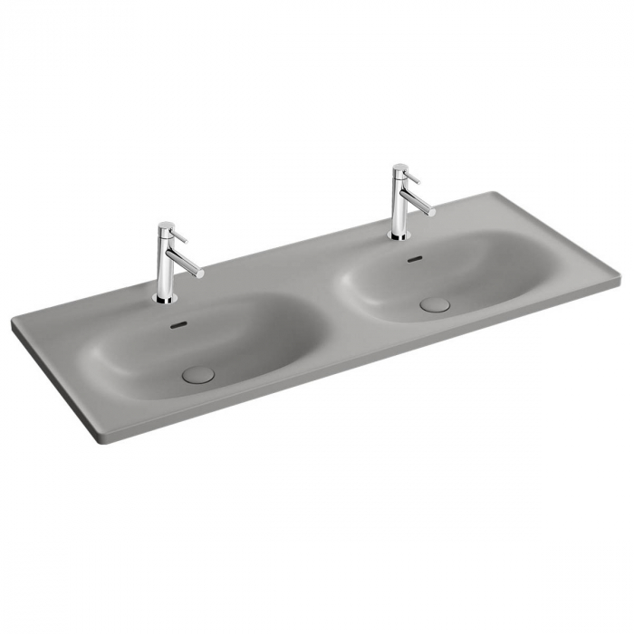 Lavoar chiuveta baie dubla tip vanity 130cm, cu 2 orificii pentru baterie, cu 2 orificii preaplin, culoare piatra gri mat 7244B476-0001