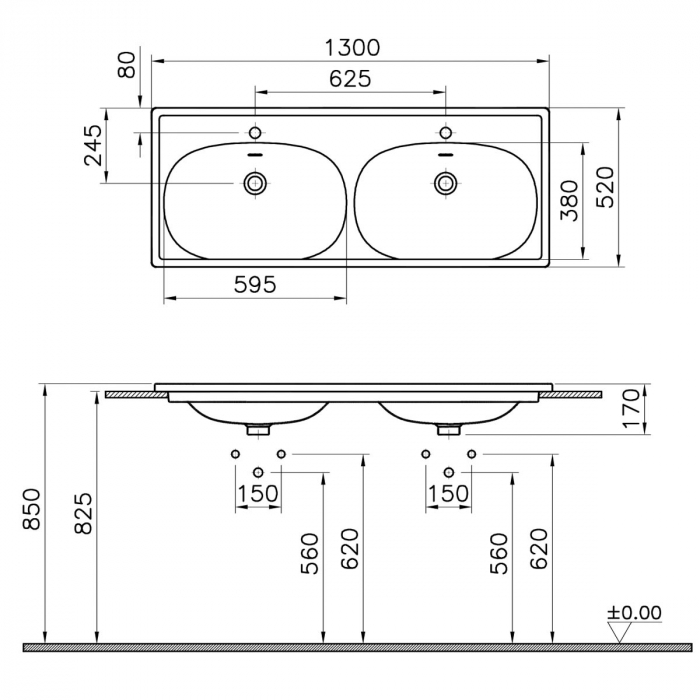 Lavoar / chiuveta baie dubla tip vanity 130cm, cu 2 orificii pentru baterie, cu 2 orificii preaplin, culoare piatra gri mat | 7244B476-0001 [2]