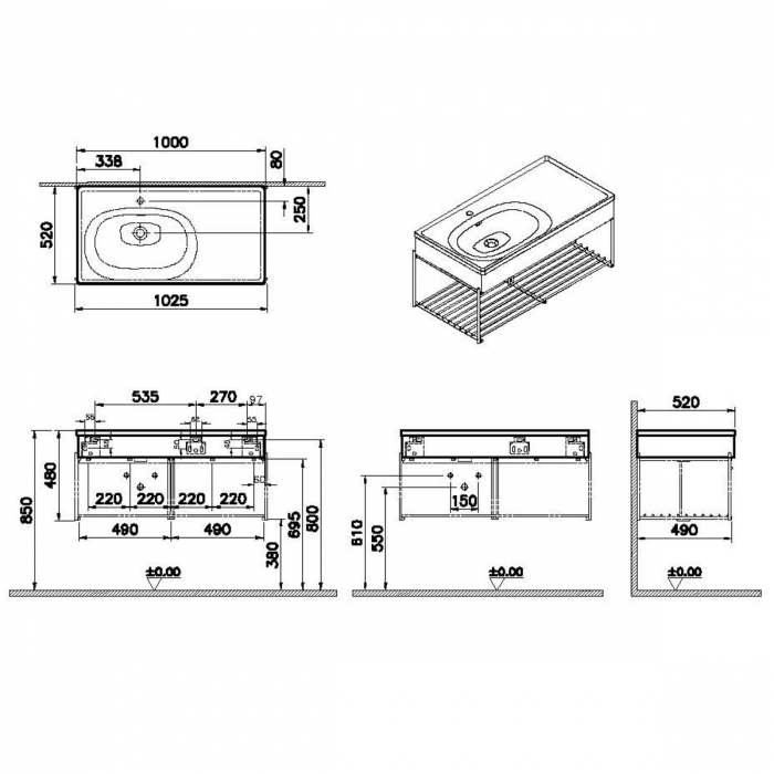 Equal Unitate de baza lavoar baie 100cm, cu asymmetric lavoar / chiuveta baie cu polita, elm | 64092 [2]
