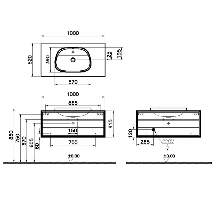 Frame Unitate de baza lavoar baie 100cm, cu 1 drawer, cu pe blat tv - shape lavoar / chiuveta baie cu orificiu robinet, negru mat | 62290 [2]