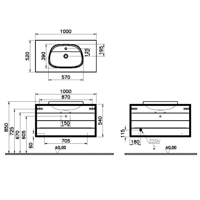 Frame Unitate de baza lavoar baie 100cm, cu 2 drawers, cu pe blat tv - shape lavoar / chiuveta baie cu orificiu robinet, taupe mat | 62300 [2]