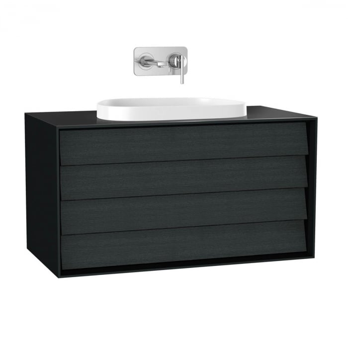 Frame Unitate de baza lavoar baie 100cm, cu 2 drawers, cu pe blat tv - shape lavoar   chiuveta baie fara orificiu robinet, negru mat   61467