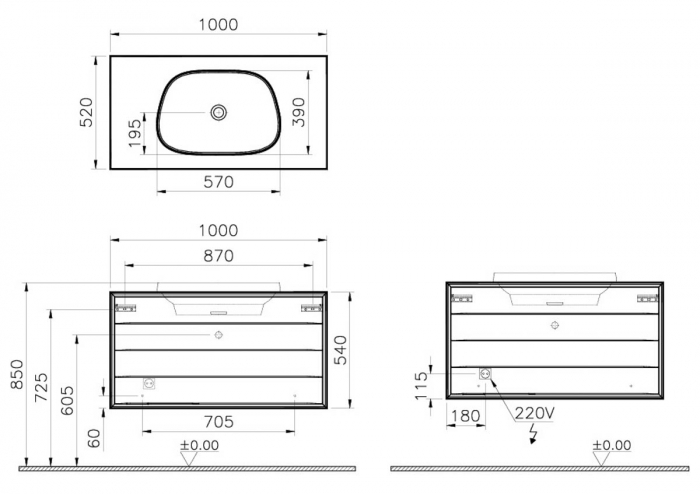 Frame Unitate de baza lavoar baie 100cm, cu 2 drawers, cu pe blat tv - shape lavoar / chiuveta baie fara orificiu robinet, negru mat | 61467 [2]