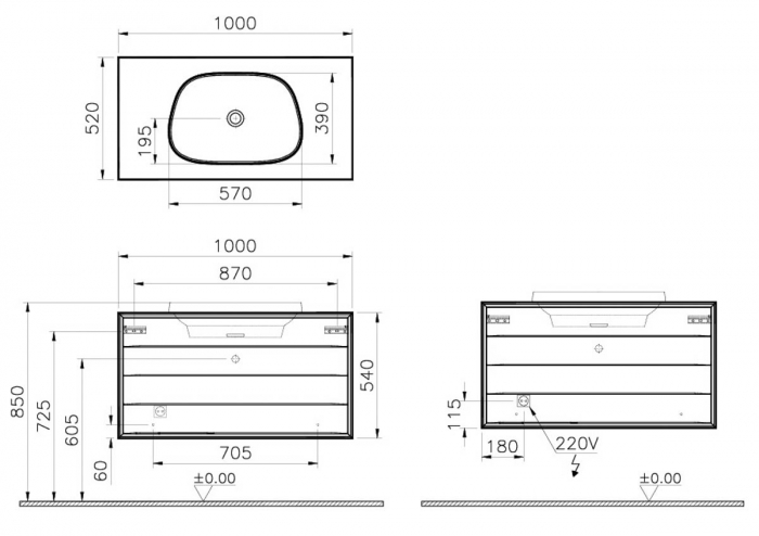 Frame Unitate de baza lavoar baie 100cm, cu 2 drawers, cu pe blat tv - shape lavoar / chiuveta baie fara orificiu robinet, alb mat | 61466 [2]
