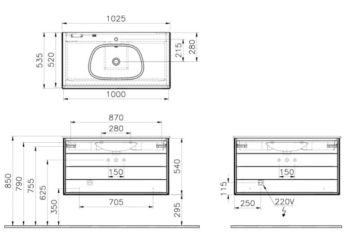 Frame Unitate de baza lavoar baie 100cm, cu 2 drawers, cu vanity lavoar / chiuveta baie taupe mat | 61234 [2]