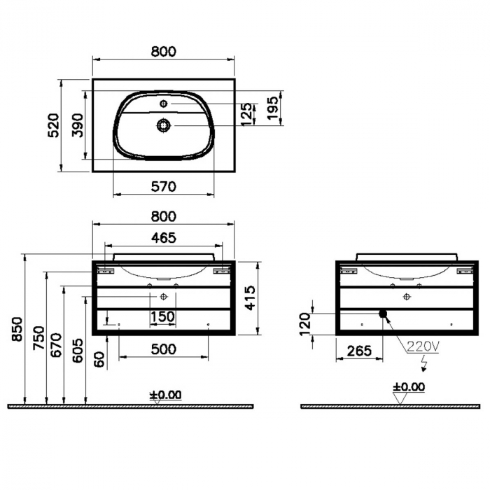 Frame Unitate de baza lavoar baie 80cm, cu 1 drawer, cu pe blat tv - shape lavoar / chiuveta baie cu orificiu robinet, taupe mat | 62288 [2]