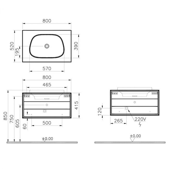 Frame Unitate de baza lavoar baie 80cm, cu 1 drawer, cu pe blat tv - shape lavoar / chiuveta baie fara orificiu robinet, negru mat | 61455 [2]