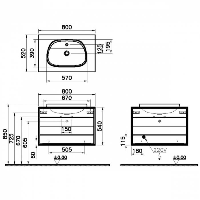 Frame Unitate de baza lavoar baie 80cm, cu 2 drawers, cu pe blat tv - shape lavoar / chiuveta baie cu orificiu robinet, negru mat | 62296 [2]