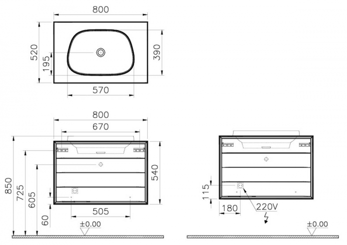 Frame Unitate de baza lavoar baie 80cm, cu 2 drawers, cu pe blat tv - shape lavoar / chiuveta baie fara orificiu robinet, alb mat | 61463 [2]