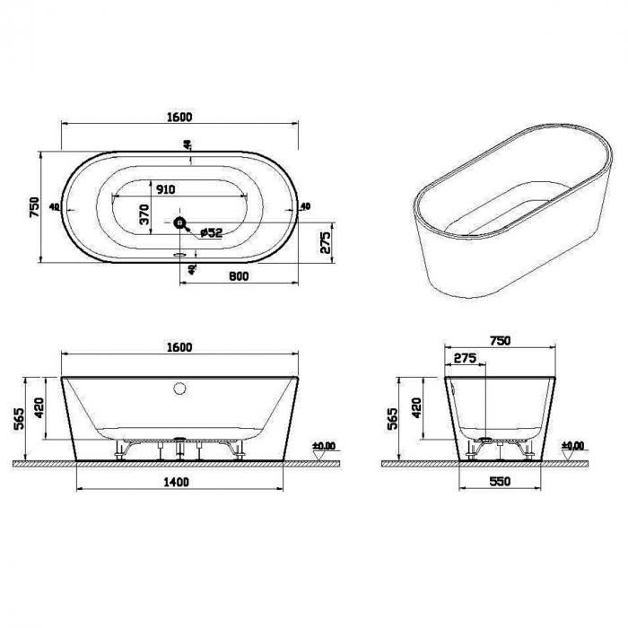 160x75 freestanding + leg set + hidden syphon | 65360006000 [2]