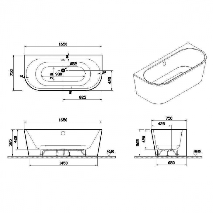 165x75 lipit de perete + leg set + hidden syphon | 65410006000 [2]