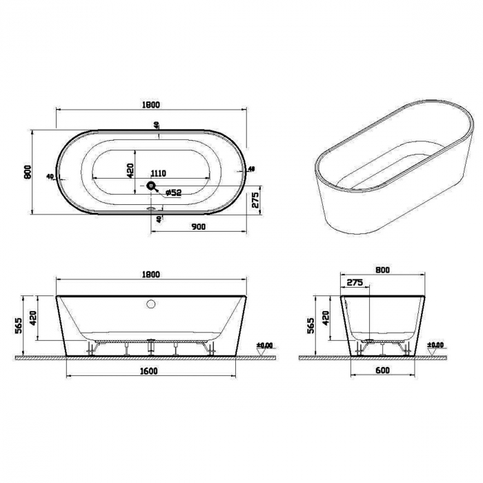 180x80 freestanding + leg set + hidden syphon | 65380006000 [2]