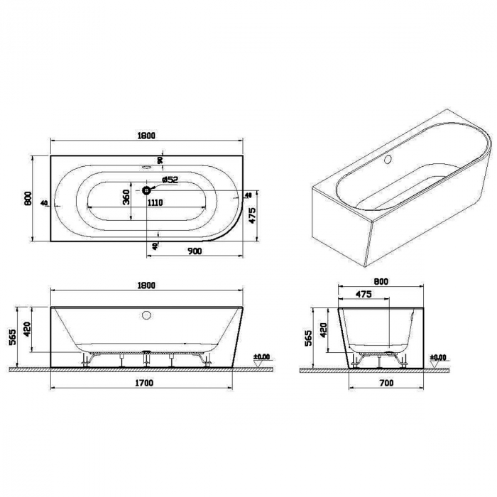 180x80 stanga corner + leg set + standard syphon | 65450008000 [2]