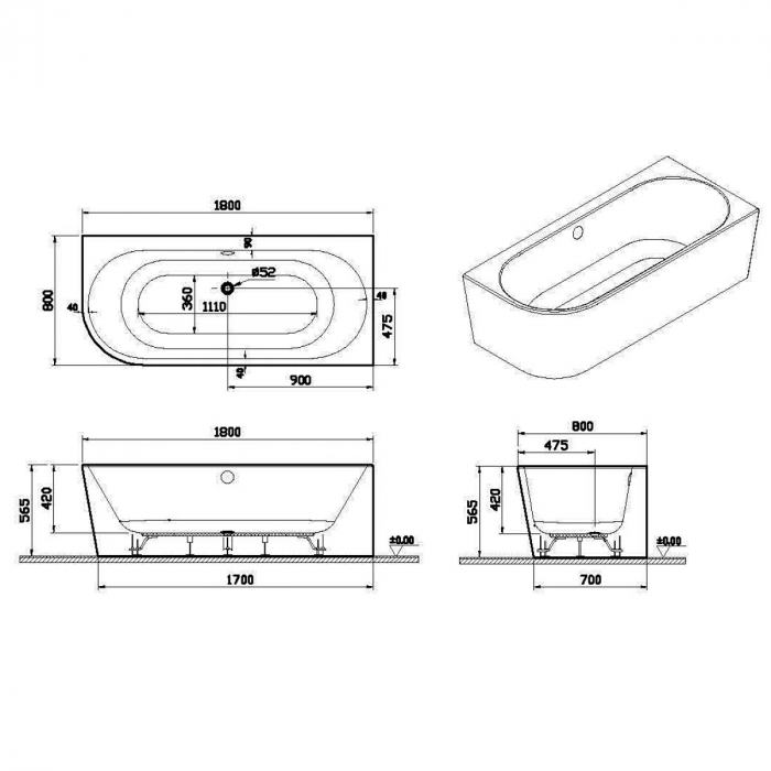 180x80 dreapta corner + leg set + hidden syphon | 65460006000 [2]