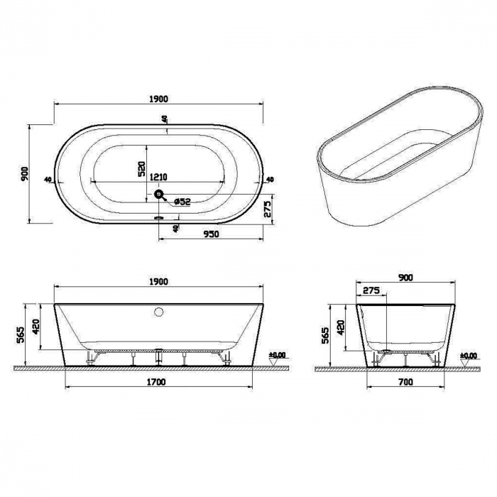 190x90 freestanding + leg set + hidden syphon | 65390006000 [2]