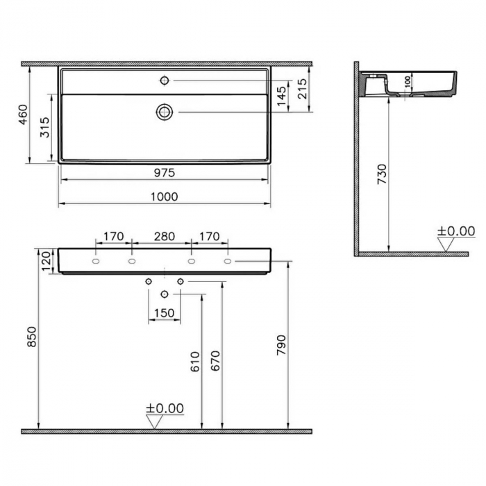 Lavoar / chiuveta baie 100cm x 46cm, cu orificiu pentru baterie, fara orificiul preaplin | 7417B003-0041 [2]