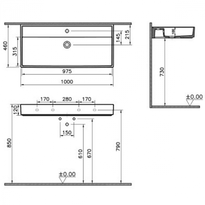 Lavoar / chiuveta baie 100cm x 46cm, cu orificiu pentru baterie, fara orificiul preaplin | 7417B076-0041 [2]