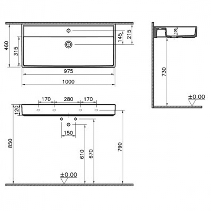 Lavoar / chiuveta baie 100cm x 46cm, cu orificiul pentru baterie si preaplin | 7417B076-0001 [2]
