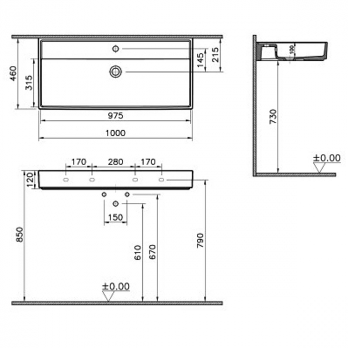 Lavoar / chiuveta baie 100cm x 46cm, cu orificiul pentru baterie si preaplin | 7417B077-0001 [2]