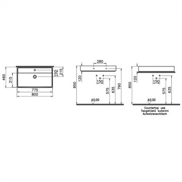 Lavoar / chiuveta baie 35cm x 63cm, cu orificiu pentru baterie, fara orificiul preaplin | 7415B076-0041 [2]