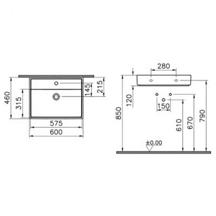Lavoar / chiuveta baie 60cm x 46cm, cu orificiu pentru baterie, fara orificiul preaplin | 7414B077-0041 [2]