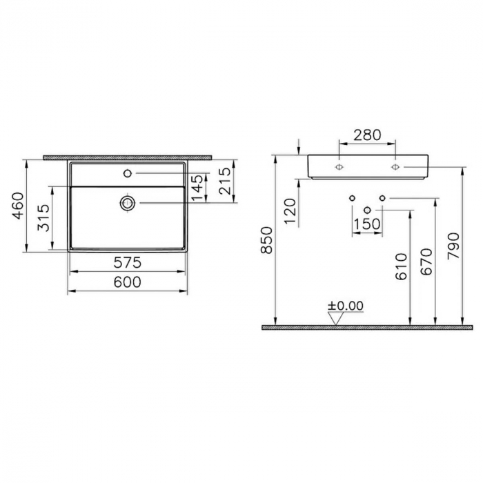 Lavoar / chiuveta baie 60cm x 46cm, cu orificiul pentru baterie si preaplin | 7414B076-0001 [2]