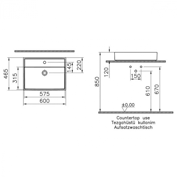 Lavoar / chiuveta baie 60cm x 46cm, cu orificiul pentru baterie si preaplin | 7414B076-0631 [2]