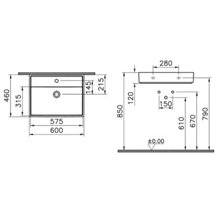 Lavoar / chiuveta baie 60cm x 46cm, cu orificiul pentru baterie si preaplin | 7414B077-0001 [2]