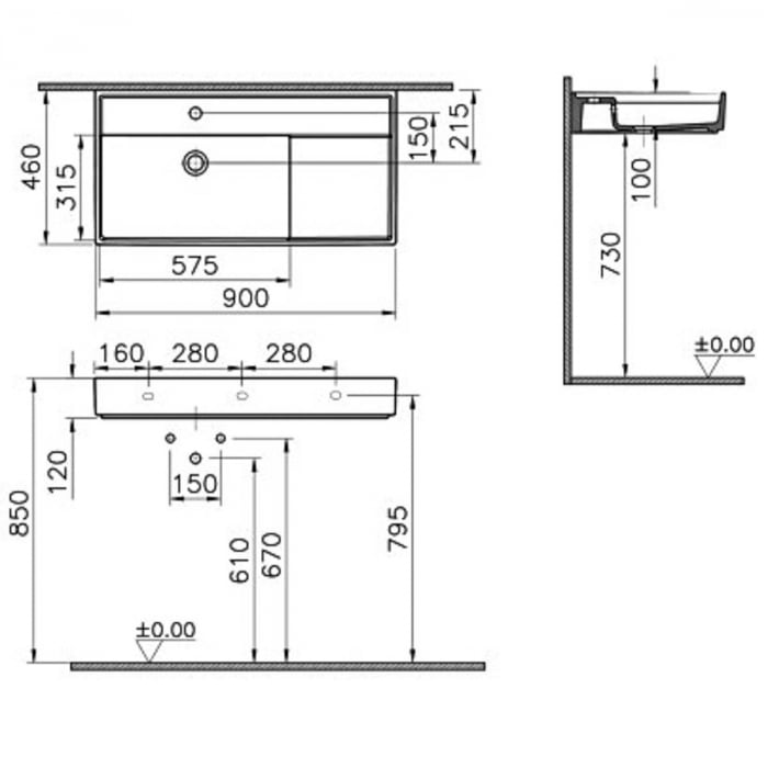 Lavoar / chiuveta baie 90cm x 46cm, cu orificiu pentru baterie, fara orificiul preaplin | 7416B077-0041 [2]
