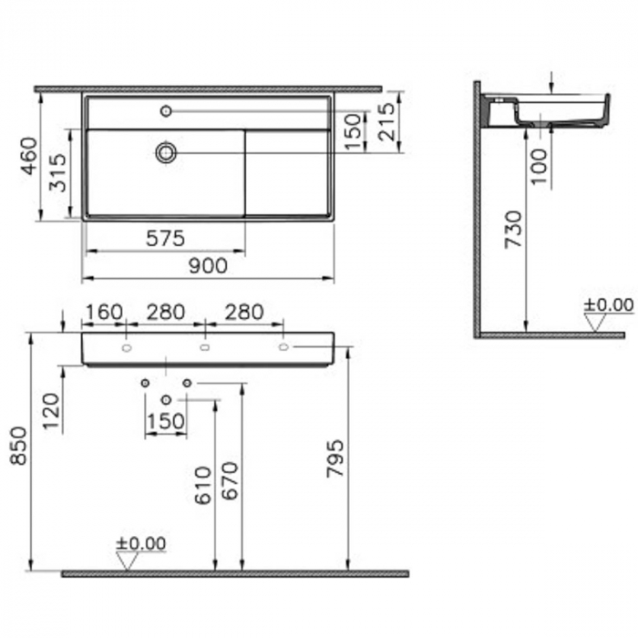 Lavoar / chiuveta baie 90cm x 46cm, cu orificiul pentru baterie si preaplin | 7416B076-0001 [2]