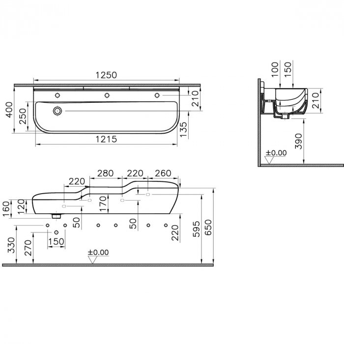 Lavoar / chiuveta baie copii cu 3 nivele, 125cm, 3 orificii pentru baterie, cu orificiul preaplin | 7352B003-1742 [2]