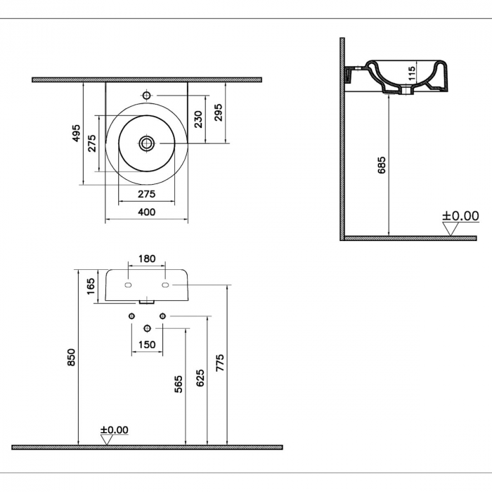 Lavoar / chiuveta baie cu orificiu pentru baterie, fara orificiul preaplin, 40cm | 7317B403-0041 [2]