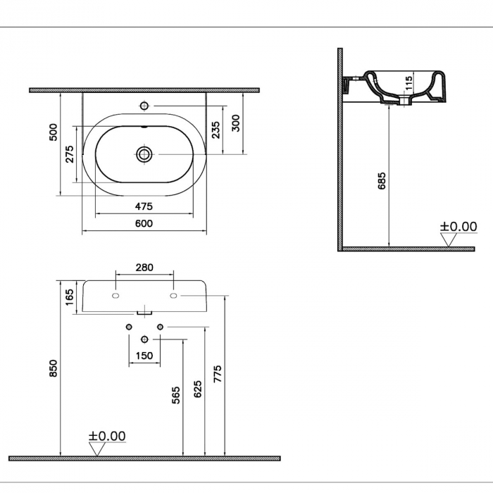 Lavoar / chiuveta baie cu orificiul pentru baterie si preaplin 60cm | 7316B403-0001 [2]