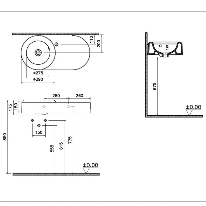 Lavoar / chiuveta baie cu orificiul pentru baterie si preaplin 80cm | 7314B403-0001 [2]