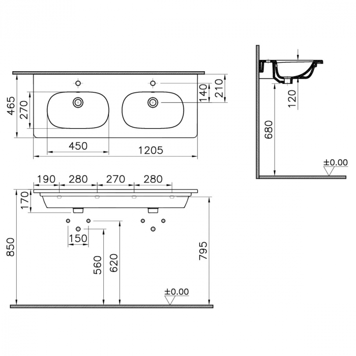 Lavoar / chiuveta baie dubla tip vanity 120cm, cu 2 orificii pentru baterie si orificiul preaplin | 7795B003-0001 [2]